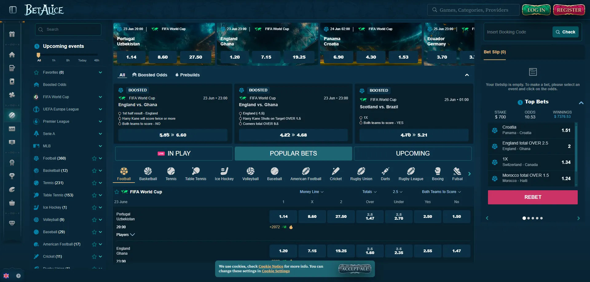 Scommesse sportive BetAlice Casino eventi live e pre-partita